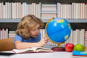 Child from elementary school with book. Little student, clever nerd pupil ready to study. First time to school. Concept of education and learning.