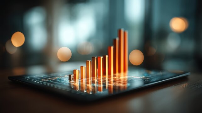 A digital tablet displays a glowing bar graph, symbolizing growth and data analysis in a blurred, modern environment.