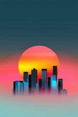 A surreal gradient sunset blending seamlessly into a neon-lit city skyline, Suburban Sunset of City Skylines