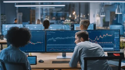 Medium shot of a team analyzing market data and consumer insights together in a modern office focused on creating comprehensive customer profiles. - Powered by Adobe