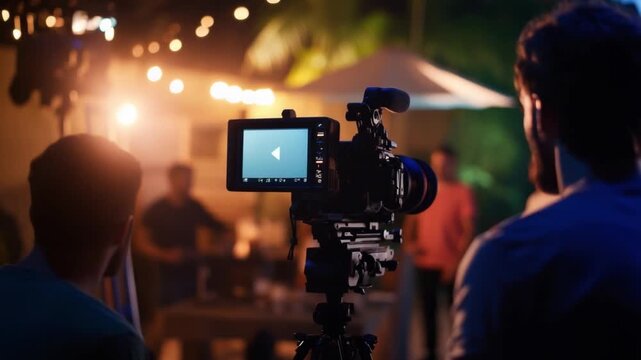 Lights, Camera, Action: A Cinematic View: Capturing the essence of filmmaking, the shot reveals a professional camera set up on a tripod, ready to capture the moment.