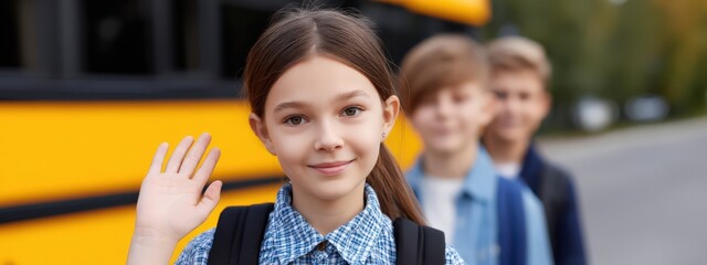 Children waving as GPS pin confirms location, School bus GPS tracking