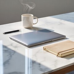 Modern Office Desk with Laptop and Coffee Cup: Minimalist Workspace on Marble Table, Serene Business Interior with Stationary