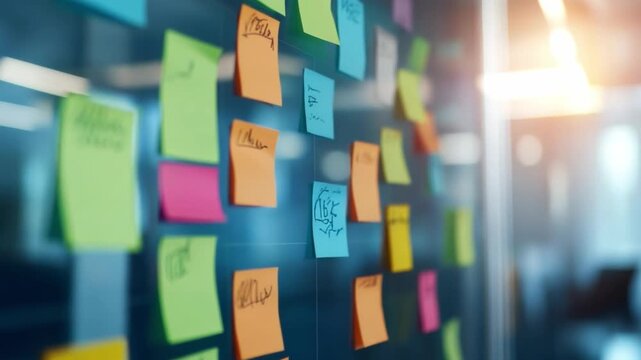 Vision Board of Innovation: A dynamic display of colorful sticky notes adorns a glass surface, representing ideas, strategies, and tasks in a modern workspace environment.