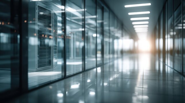A sleek, modern data center hallway with illuminated server racks and a bright light at the end, showcasing a high-tech environment.