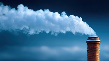 A brick chimney emits white smoke into a blue sky, illustrating industrial activity and environmental impact.