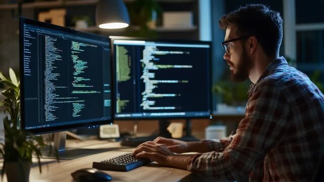 Digital Domain: An individual focuses intently on coding on dual monitors, the glow of the screens illuminating their dedicated workspace, crafting lines of code to create something new.