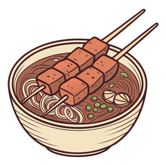  Color vector illustration of Korean Odeng skewers in bowl with brown soup and garnish vector