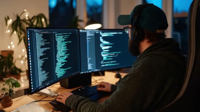 The Programmer's Domain: Focused individual deeply engrossed in coding, lines of digital script illuminate dual monitors, bathed in a soft light of a tech-savvy workspace.