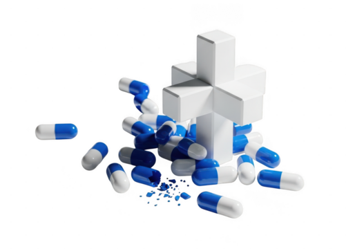 Pill capsules spilling from cross symbol isolated on transparent background
