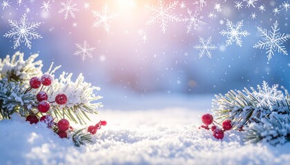 A close-up view of fir sprigs decorated with bright red holly berries, set on a pile of snow against a soft bokeh background. 