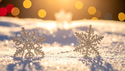 Low-angle close-up of two crystal snowflake ornaments set on snow, illuminated by warm backlighting with a golden bokeh effect. Creates a serene and magical Christmas and New Year holiday atmosphere.