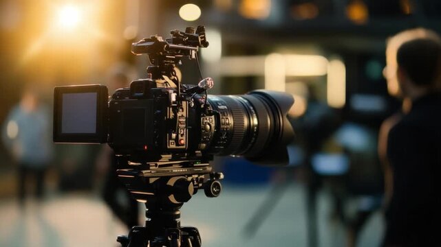 Behind the Lens: A professional camera setup captures a film, its lens poised, framed against the soft glow of studio lighting. 