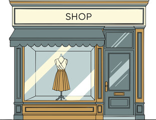 Elegant boutique shop with a dress in the window display showcasing fashion and style.