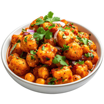 Crispy aloo tikki and chole chaat with a medley of sweet and tangy chutneys, professionally isolated on a white background