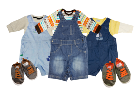 three complete isolated baby boy outfits grouped together, showcasing different styles of denim shortalls, long-sleeve shirts, and matching sneakers for infants.
