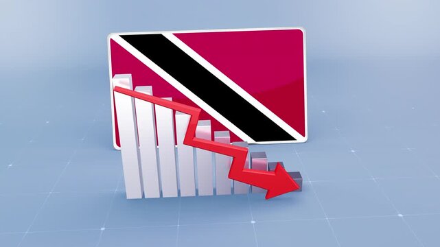 Trinidad and Tobago Flag and Bar Chart Graph Showing Decreasing Values a Red Arrow Economic Crisis Concept