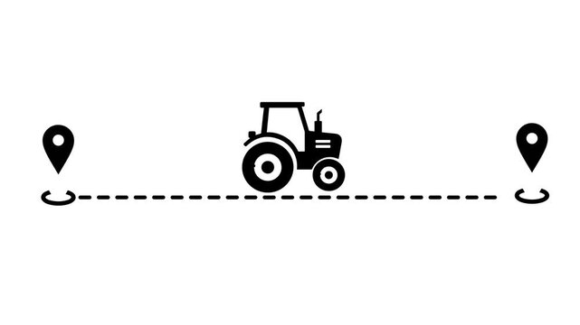 A tractor icon on a dashed line route between two map location pins, symbolizing agricultural transport and logistics.