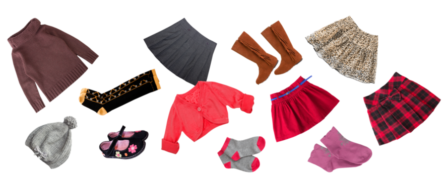 assortment photograph of various colorful children's winter and fall clothing items scattered against a transparent background