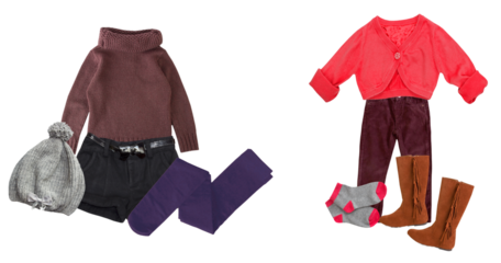 two complete casual outfits for children ready for winter featuring sweaters, boots, hats, shorts, and leggings isolated on black