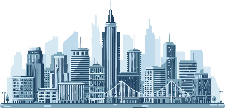 Cityscape illustration featuring skyscrapers bridges and urban infrastructure in a monochromatic style.