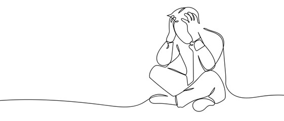 A man in a depressed pose, one continuous line. One line drawing background. Vector illustration. Editable stroke.