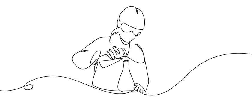 A female researcher is conducting an experiment, one continuous line. One line drawing background. Vector illustration. Editable stroke.