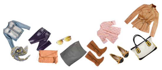 fashion flat lay collage showing various women's apparel and accessories scattered across the frame, including outerwear, pants, skirts, tops, bags, shoes, and sunglasses, isolated.