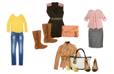 Clothing collection: jeans and casual tops, belted sleeveless dresses with boots and chic dresses with cardigans and leather jackets, tailored on white.