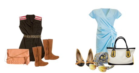 stylish women's clothing collage: black sleeveless dress with belted waist and boots, contrasted with a light blue wrap dress ensemble featuring flats and accessories, isolated.
