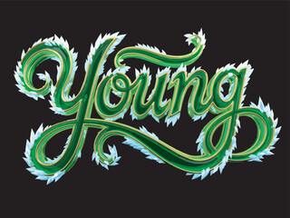 Hand-drawn Young word lettering vector graphic design element with green frosted texture.