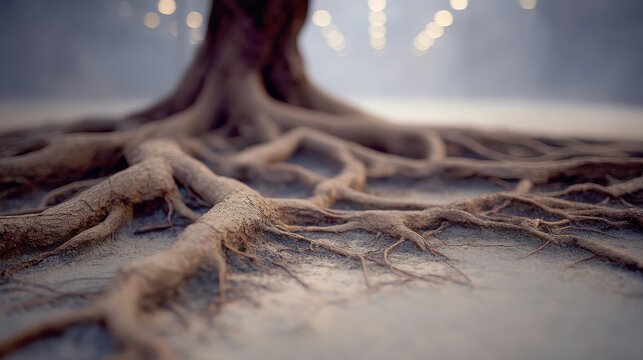 A close-up view of tree roots extending across the ground, showcasing intricate details and textures in a serene, blurred environment. - Powered by Adobe