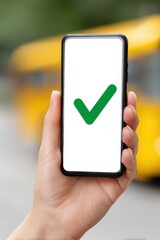 Finger tapping phone showing green check for bus location, School bus GPS tracking