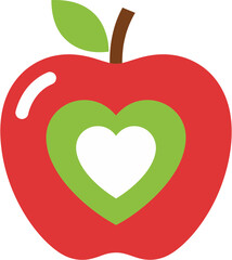Red apple illustration with a green and white heart symbol inside.