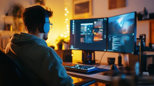 Tech Enthusiast Immersed: A dedicated individual engrossed in the digital realm, immersed in a gaming experience, framed by the soft glow of screens and ambient lighting.