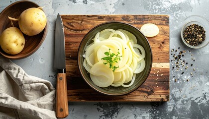 Top down view of a rustic potato and onion salad preparation on a wooden cutting board.