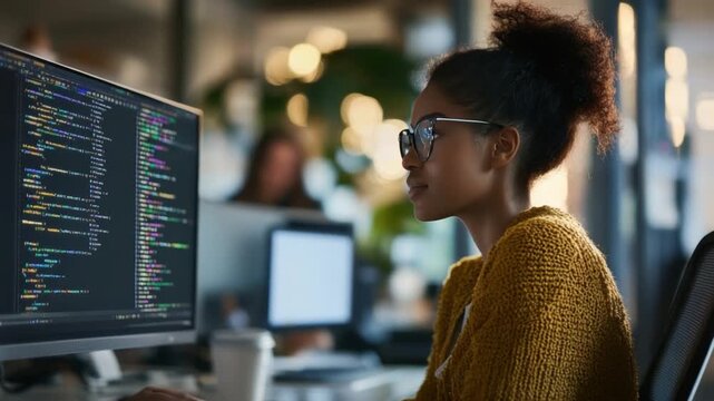 Digital Code Explorer: A focused professional, her eyes keenly fixed on a monitor displaying a stream of code, showcasing the dedication of coding.