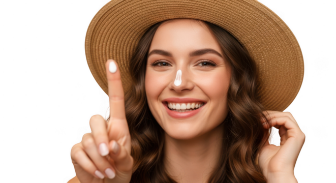 Smiling young woman in straw hat pointing upwards with cheerful expression and natural makeup isolated on transparent background - Powered by Adobe