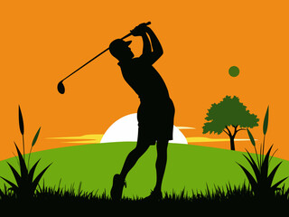 Golfer at Sunset in Mountain Landscape