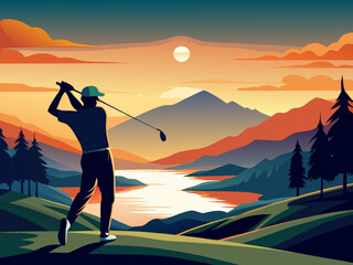 Golfer at Sunset in Mountain Landscape