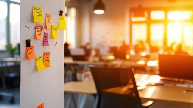 Workplace Vision: An inviting office space, illuminated by a warm sun, features a series of notes on the board, symbolizing brainstorming and work in progress