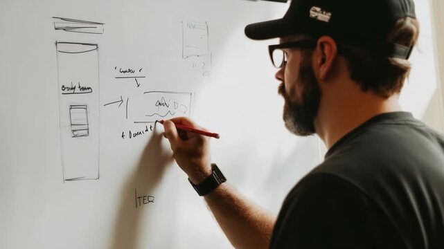 Brainstorming Design Concepts: A designer meticulously crafts design concepts on a whiteboard, capturing ideas and transforming them into tangible visual strategies.