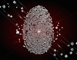 A 3D biometric fingerprint is seen breaking apart into pixel fragments against a dramatic dark red background, clearly illustrating concepts of cybercrime, security breach, and failed data protection
