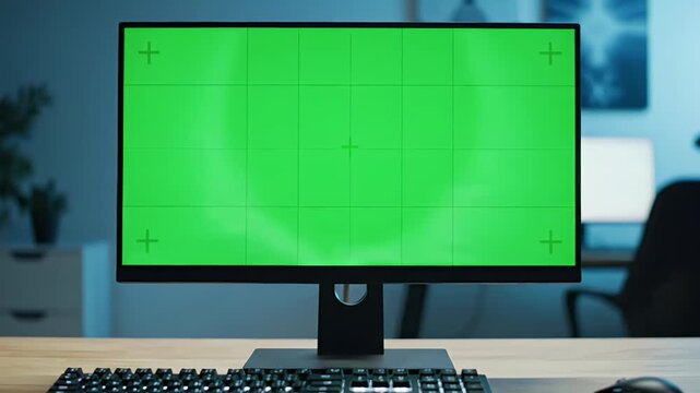 Computer Monitor with Green Screen in Modern Office Workspace