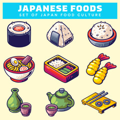 Japan Food Culture Collection. Traditional Japanese Meal with Sushi, Ramen, Rice, Noodles, and Matcha Tea. Set Element for Asian Cuisine. Restaurant Dining Culture in Cartoon Colorful Color