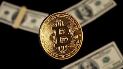 A gold Bitcoin coin is displayed in front of US dollar bills, representing digital currency. - Powered by Adobe