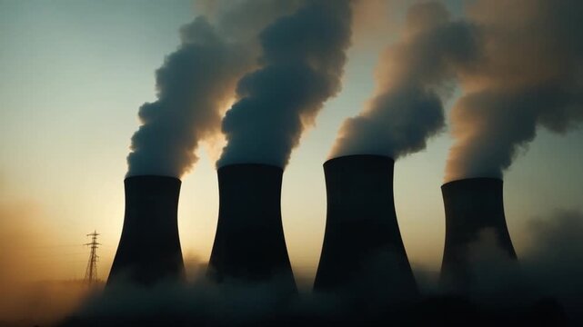Industrial Emissions Silhouette: Industrial chimneys spew plumes of smoke into the atmosphere, a stark visual representation of environmental impact and pollution against an overcast sky. 
