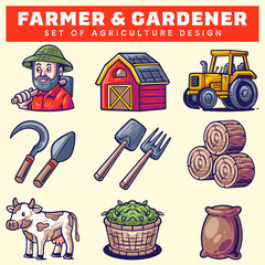 Farmer and Gardener Equipment Collection. Agriculture with Cow, Barn, Tractor. Set Element for Countryside. Rural Farm Tools in Cartoon Colorful Color