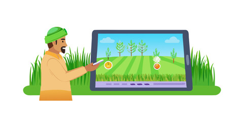 An Indian farmer utilizes modern artificial intelligence technology on a digital tablet to enhance agricultural practices and crop yield in a lush green field.
