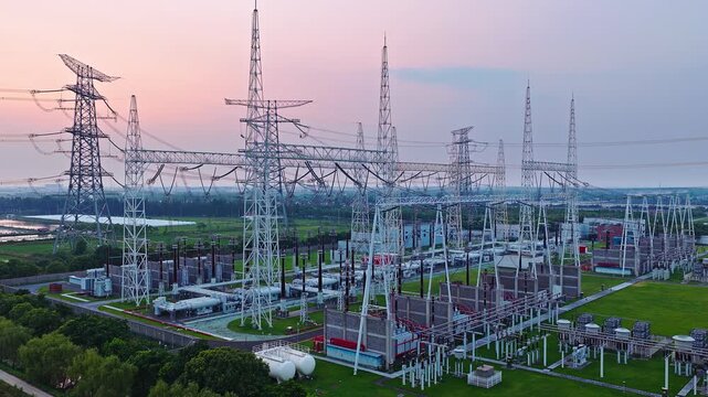 Aerial shot of a high voltage electrical substation with transmission power pylon towers at sunset